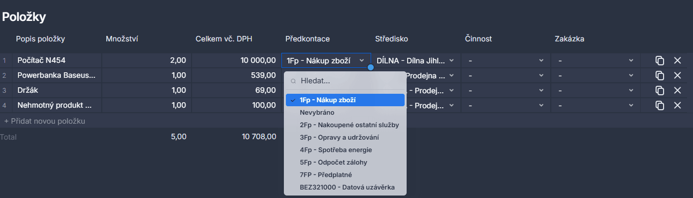 Účetní vazby na detailu faktury v Digitoo.ai